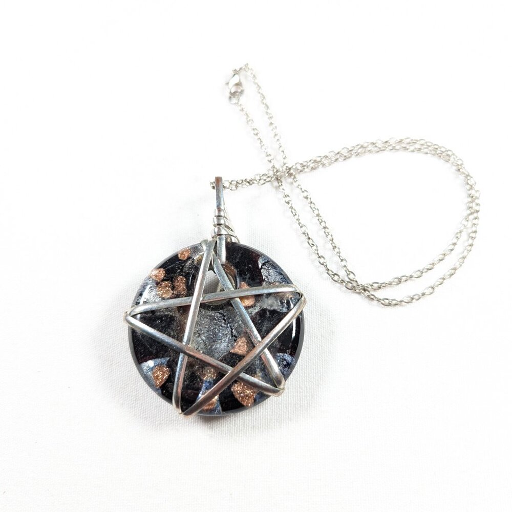 Witchy silver plated pentagram pentacle pendant on metallic flaked glass